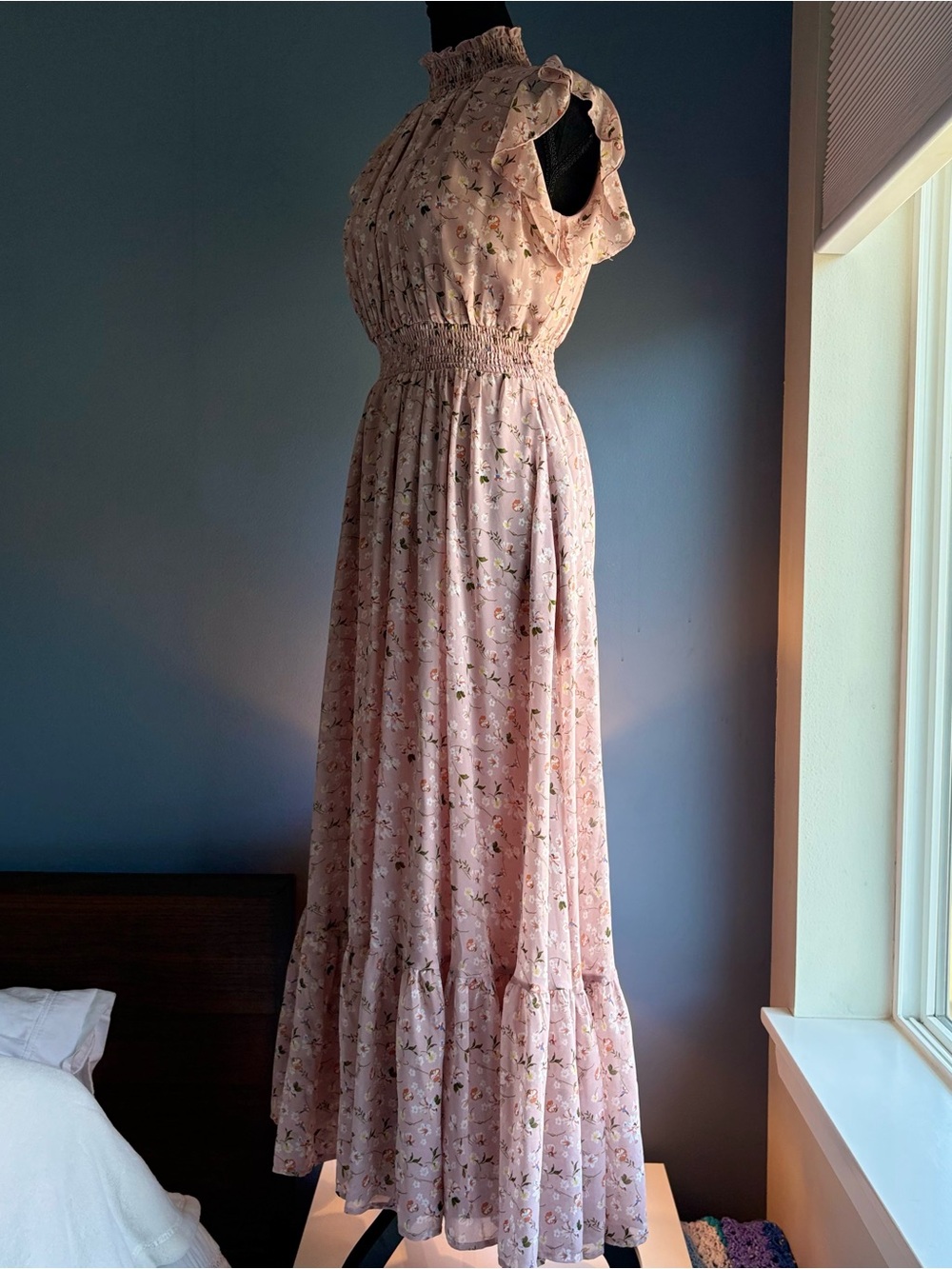 MELLODAY Pink Floral Smocked Maxi Dress with Ruffle Shoulders - Picture 6 of 16